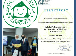 WOJEWÓDZKI CERTYFIKAT SZKOŁY PROMUJĄCEJ ZDROWIE