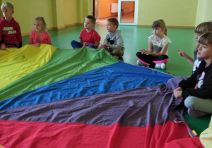 Dzieci uczestniczą w zabawie z chustą animacyjną.