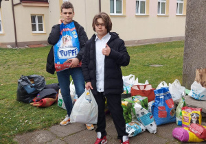 Uczniowie pakują zebrane dary dla zwierząt.