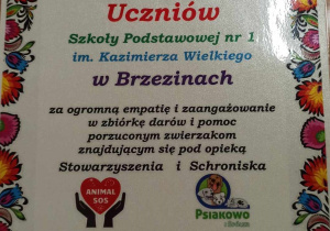 Pisemne podziękowania dla uczniów.