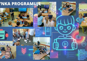 Plakat zawiera zdjęcia dzieci wykonujących ćwiczenia z programowania